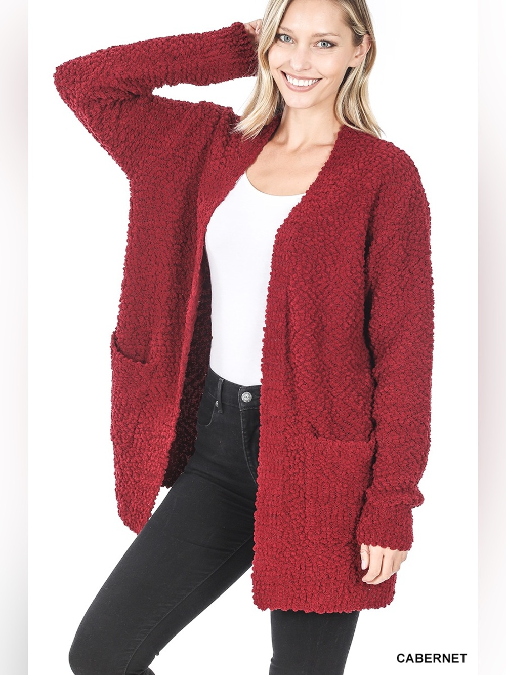 ZENANA CABERNET LONG SLEEVE POPCORN SWEATER CARDIGAN WITH POCKETS